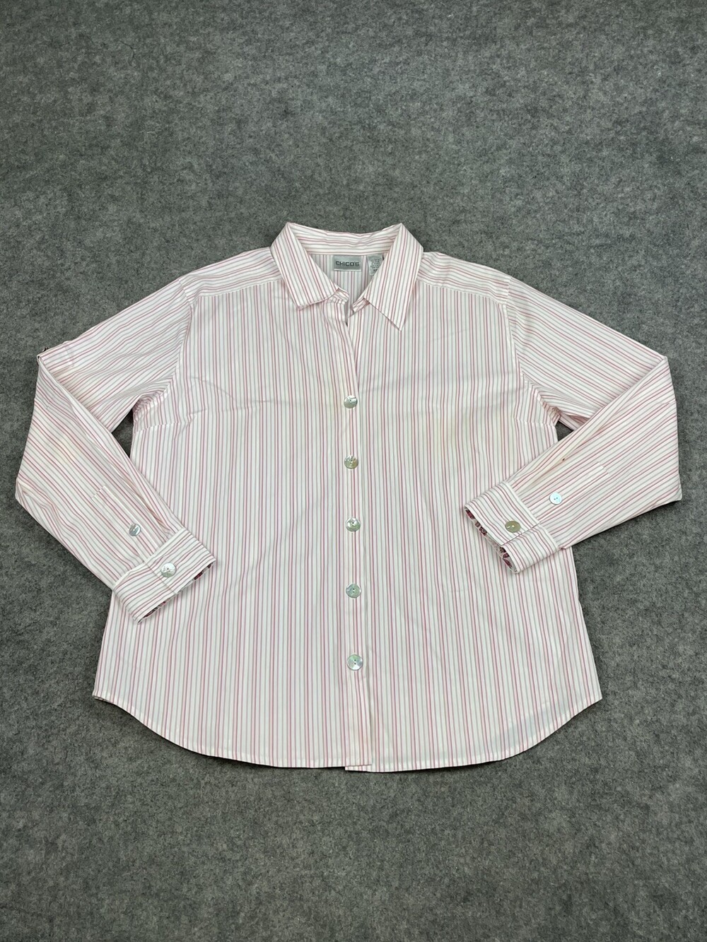 Chicos Shirt Womens 2 Regular Large L White Pink Button Up Striped Career Oxford